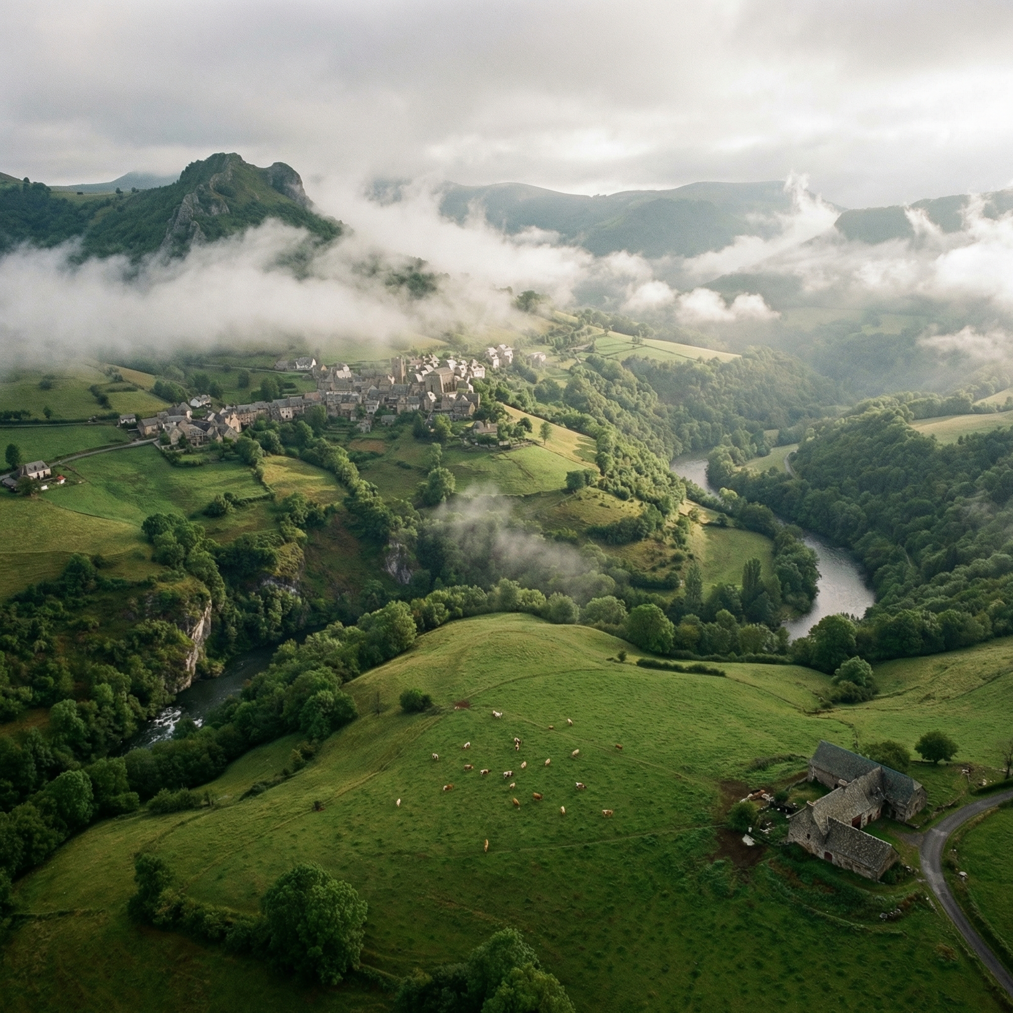 Cantal valley aerial view